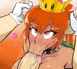 Rule 34 | 1boy, 1girl, :&gt;=, armlet, bare shoulders, blush, bowsette, breasts, collar, crown, dark skin, darm engine, fellatio, from above, gloves, grabbing, hat, heart, hetero, horn grab, horns, large breasts, licking, licking penis, looking up, mario, mario (series), new super mario bros. u deluxe, nintendo, oral, penis, ponytail, pubic hair, red eyes, red hair, saliva, spiked collar, spikes, stray pubic hair, super crown, super mario bros. 1, thick eyebrows, tongue, tongue out, turtle shell, uncensored