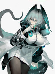 Rule 34 | 1girl, :p, aqua eyes, aqua nails, aqua wings, arknights, between breasts, black footwear, black pantyhose, breasts, coat, diamond-shaped pupils, diamond (shape), dress, feathered wings, fingerless gloves, fingernails, gloves, grey hair, hair between eyes, head wings, high heels, highres, ho&#039;olheyak (arknights), infection monitor (arknights), large breasts, leg up, long coat, long fingernails, long sleeves, looking at viewer, open clothes, open coat, pantyhose, px2011, sidelocks, smile, snake tail, solo, strap between breasts, symbol-shaped pupils, tail, tongue, tongue out, white background, white dress, white gloves, wings