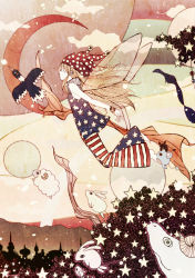 Rule 34 | 1girl, absurdres, american flag dress, american flag legwear, bad id, bad pixiv id, barefoot, bell-bottoms, bird, blonde hair, closed eyes, clownpiece, crescent, fairy wings, flying, full body, hat, highres, ichii tetsuro, jester cap, long hair, pants, profile, rabbit, sheep, shirt, sleeveless, solo, star (symbol), striped, touhou, wings