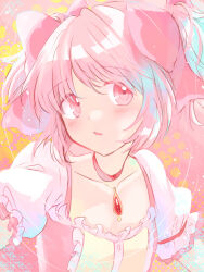 Rule 34 | 1girl, abstract background, aqua background, arms at sides, buttons, center frills, chest jewel, choker, collarbone, colorful, dot nose, expressionless, eyelashes, eyes visible through hair, facing viewer, flat chest, frilled sleeves, frills, gem, hair ribbon, halftone, halftone background, head tilt, highres, kaname madoka, kaname madoka (magical girl), kurashikiiine, light blush, mahou shoujo madoka magica, mahou shoujo madoka magica (anime), parted bangs, parted lips, pastel colors, pink eyes, pink hair, pink ribbon, pink theme, polka dot, polka dot background, puffy short sleeves, puffy sleeves, red choker, red gemstone, ribbon, ringed eyes, short sleeves, short twintails, sidelocks, sideways glance, simple background, solo, soul gem, splatter background, square neckline, tareme, twintails, upper body, white background, wide-eyed, yellow background