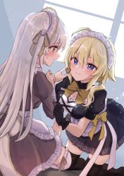 Rule 34 | 2girls, absurdres, ahoge, all fours, amano soraha, apron, assault lily, back bow, black dress, black gloves, black ribbon, black thighhighs, blonde hair, blue eyes, blush, bow, bowtie, breasts, brown eyes, brown ribbon, candy, chocolate, chocolate heart, cleavage, cleavage cutout, closed mouth, clothing cutout, collared dress, commentary request, dress, dress bow, dutch angle, egawa kusumi, eye contact, face-to-face, flower, food, frilled apron, frilled dress, frilled thighhighs, frills, gloves, grey hair, hair between eyes, hair flower, hair ornament, hair over shoulder, hair ribbon, hand on another&#039;s arm, hand up, hands up, heart, highres, holding, holding chocolate, holding food, indoors, jewelry, juliet sleeves, leg ribbon, light particles, long hair, long sleeves, looking at another, low ponytail, maid headdress, medium breasts, multiple girls, no shoes, official alternate costume, on floor, parted lips, ponytail, profile, puffy short sleeves, puffy sleeves, ribbon, ring, short dress, short sleeves, sitting, smile, stealth nyanko, sweatdrop, thigh ribbon, thighhighs, very long hair, waist apron, white apron, white thighhighs, window, yellow bow, yellow bowtie, yuri