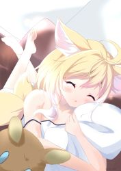 Rule 34 | 1girl, absurdres, animal ear fluff, animal ears, arknights, bare arms, bare shoulders, barefoot, blonde hair, blush, closed eyes, commentary request, couch, dress, fox ears, fox girl, fox tail, highres, legs up, lying, multicolored hair, hugging object, on couch, on stomach, parted lips, pillow, pillow hug, sleeveless, sleeveless dress, soles, solo, strap slip, suzuran (arknights), tail, two-tone hair, white dress, white hair, yuuno (u no 0908)