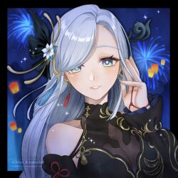 Rule 34 | 1girl, bare shoulders, black dress, blue eyes, commentary request, dress, earrings, genshin impact, grey hair, grin, hair ornament, hand up, highres, jewelry, karanashi mari, long hair, parted lips, shenhe (frostflower dew) (genshin impact), shenhe (genshin impact), smile, solo, upper body, very long hair