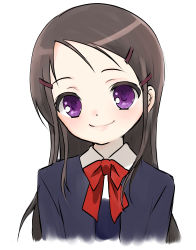 Rule 34 | 10s, 1girl, absurdres, black hair, blush, bow, chanko (mikky3392000), charlotte (anime), hair ornament, hairclip, highres, long hair, looking at viewer, otosaka ayumi, purple eyes, school uniform, simple background, smile, solo, upper body, white background