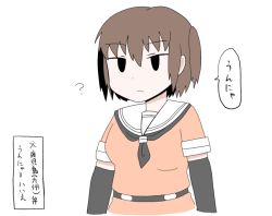 Rule 34 | 10s, 1girl, ?, alternate hairstyle, black eyes, brown hair, dialogue box, elbow gloves, gaiko kujin, gloves, kantai collection, school uniform, sendai (kancolle), serafuku, short hair, short twintails, simple background, solo, speech bubble, translated, twintails, two side up, white background