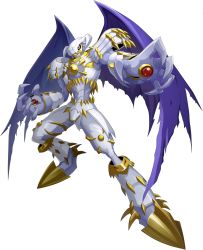Rule 34 | 1boy, armor, bandai, biceps, claws, digimon, digimon (creature), digimon new century, dragon, dynasmon, fighting stance, full armor, gauntlets, highres, horns, monster, monster boy, no humans, official art, pauldrons, purple wings, red eyes, royal knights, shoulder armor, shoulder pads, shoulder spikes, simple background, solo, spikes, tail, torn wings, white armor, white background, wings
