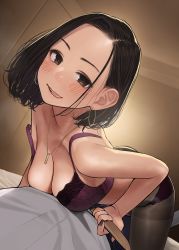 Rule 34 | 1boy, 1girl, assertive female, bed, belt, black hair, black pantyhose, blush, bra, breasts, brown eyes, cleavage, commentary, earrings, foreshortening, ganbare douki-chan, girl on top, highres, holding, holding belt, hoop earrings, jewelry, licking lips, medium breasts, medium hair, nail polish, necklace, panties, panties under pantyhose, pantyhose, pov, senpai-san (douki-chan), tongue, tongue out, underwear, undressing, undressing another, yomu (sgt epper)