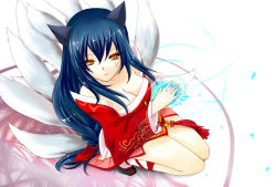 Rule 34 | 1girl, ahri (league of legends), animal ears, bad id, bad pixiv id, blue hair, braid, breasts, cleavage, detached sleeves, facial mark, fox ears, fox tail, hair ribbon, league of legends, long hair, mueacaty, multiple tails, ribbon, single braid, solo, squatting, tail, whisker markings, yellow eyes