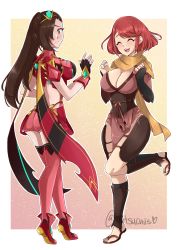 Rule 34 | 2girls, ass, bracer, breasts, brown eyes, brown hair, cleavage, closed eyes, cosplay, costume switch, fingerless gloves, fire emblem, fire emblem fates, gloves, hair over one eye, headpiece, highres, jewelry, kagero (fire emblem), kagero (fire emblem) (cosplay), large breasts, long hair, mitsuchiis, multiple girls, ninja, nintendo, open mouth, pelvic curtain, ponytail, pyra (xenoblade), pyra (xenoblade) (cosplay), red hair, sandals, scarf, short hair, shorts, swept bangs, tiara, xenoblade chronicles (series), xenoblade chronicles 2, yellow scarf