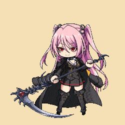 Rule 34 | 1girl, alternate costume, animated, animated gif, breasts, chibi, cleavage, collaboration, felicia (taimanin kurenai), fighting stance, holding, holding weapon, lilith-soft, long hair, looking to the side, lowres, miniskirt, mist train girls, official alternate costume, official art, pink hair, ponytail, red eyes, ribbon, scythe, skirt, small breasts, solo, taimanin (series), taimanin kurenai, transparent background, twintails, very long hair, weapon, wide hips