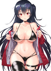 Rule 34 | 1girl, absurdres, azur lane, bare shoulders, bikini, black bikini, black choker, black hair, black thighhighs, blue-framed eyewear, blush, breasts, choker, cleavage, collarbone, cowboy shot, eyewear on head, glasses, hair between eyes, highres, hiyoko (kokeko), jacket, large breasts, long hair, long sleeves, looking at viewer, navel, official alternate costume, one side up, open clothes, open jacket, parted lips, red eyes, red jacket, simple background, skindentation, smile, solo, stomach, swimsuit, taihou (azur lane), taihou (enraptured companion) (azur lane), thigh strap, thighhighs, very long hair, white background