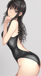 Rule 34 | 1girl, amagami, ass, bare arms, bare shoulders, black eyes, black hair, black hairband, black one-piece swimsuit, breasts, closed mouth, competition swimsuit, cowboy shot, drill hair, from side, grey background, hairband, highres, leaning forward, long hair, looking at viewer, looking to the side, medium breasts, morishima haruka, one-piece swimsuit, serizawa (serizawaroom), sidelocks, simple background, skindentation, smile, solo, swimsuit