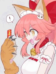 Rule 34 | !, 1girl, animal ears, animal hands, apron, arm garter, bell, blush stickers, bow, cat ears, cat girl, cat paws, ciao churu, commentary request, fangs, fate/grand order, fate (series), hair bow, highres, ichikawahonzen, jingle bell, long hair, neck bell, open mouth, pet food, pink hair, red bow, spoken exclamation mark, tamamo (fate), tamamo cat (fate), tamamo cat (third ascension) (fate), upper body, white apron, yellow eyes