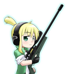 Rule 34 | 1girl, blonde hair, blush, ear protection, fingerless gloves, gloves, green eyes, gun, iris (material sniper), kusaba, kusaba (kusabashiki), material sniper, ponytail, rifle, sleeves rolled up, sniper rifle, solo, weapon