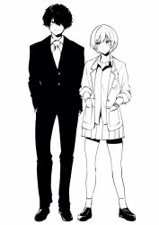 Rule 34 | 1boy, 1girl, blazer, blush, formal, full body, greyscale, hair over one eye, hands in pockets, highres, idolmaster, idolmaster shiny colors, jacket, loafers, looking at another, monochrome, necktie, one eye covered, open collar, pleated skirt, producer (idolmaster), saijo juri, school uniform, shoes, simple background, skirt, suit, tera2001