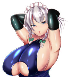 Rule 34 | 1girl, absurdres, armpits, arms up, black gloves, blue eyes, braid, breast cutout, breasts, cleavage, cleavage cutout, clothing cutout, dress, elbow gloves, gloves, hair ribbon, highres, huge breasts, izayoi sakuya, latex, latex gloves, lunatic (lunar398), maid headdress, open mouth, purple dress, ribbon, shiny clothes, sideboob, silver hair, skin tight, solo, sweat, touhou, upper body