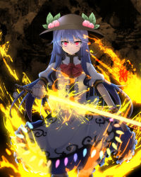 Rule 34 | 1girl, blue hair, bow, fire, fire, flaming sword, flaming weapon, food, fruit, glowing, glowing sword, glowing weapon, hat, highres, hinanawi tenshi, holding, holding sword, holding weapon, long hair, looking at viewer, peach, pink eyes, puffy short sleeves, puffy sleeves, rihito (usazukin), shirt, short sleeves, skirt, solo, sword, sword of hisou, thighhighs, touhou, very long hair, weapon, wrist cuffs