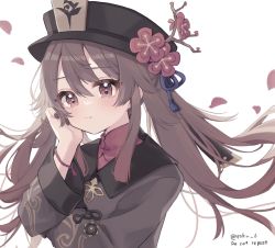 Rule 34 | 1girl, bead bracelet, beads, black nails, bracelet, brown coat, brown hair, brown hat, closed mouth, coat, commentary request, flower, flower-shaped pupils, genshin impact, hair flaps, hat, hat flower, highres, hu tao (genshin impact), jewelry, long hair, nail polish, plum blossoms, porkpie hat, pout, red eyes, red flower, red shirt, roku 6, shirt, sidelocks, solo, symbol-shaped pupils, talisman, tassel, twintails, upper body