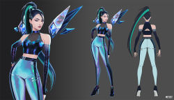 Rule 34 | 1girl, black hair, blonde hair, character request, clothing request, commentary, dress, earrings, english commentary, english text, green hair, grey background, high heels, highres, jason chan, jewelry, k/da (league of legends), kai&#039;sa, league of legends, long hair, looking at viewer, multicolored hair, official alternate costume, pants, purple eyes, purple hair, simple background, tagme