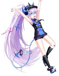 Rule 34 | 1girl, :d, absurdly long hair, absurdres, armpits, arms up, black necktie, black shorts, black socks, blue eyes, cookiegoon, elsword, fang, flat chest, floating hair, full body, hair between eyes, high ponytail, highres, kneehighs, long hair, luciela r. sourcream, necktie, open mouth, outstretched arms, short shorts, shorts, silver hair, simple background, sleeveless, sleeveless jacket, smile, socks, solo, star-shaped pupils, star (symbol), symbol-shaped pupils, tail, very long hair, white background, wing collar
