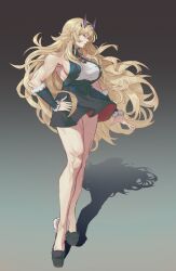 Rule 34 | 1girl, absurdres, arm at side, bare legs, bare shoulders, barghest (fate), black footwear, black shirt, black skirt, black sleeves, blonde hair, breasts, chinese commentary, detached sleeves, fate/grand order, fate (series), full body, fur-trimmed sleeves, fur trim, gradient background, grey background, hand on own hip, high-waist skirt, highres, horns, large breasts, long hair, long sleeves, looking at viewer, looking to the side, mikmiki, miniskirt, muscular, muscular female, platform footwear, profile, red eyes, shadow, shirt, sideboob, skirt, sleeveless, sleeveless shirt, solo, standing, toned female, turtleneck, turtleneck shirt, very long hair, white shirt