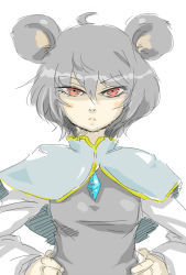 Rule 34 | 1girl, ahoge, animal ears, capelet, dress, female focus, ginji (sakaki summer), grey dress, hands on own hips, jewelry, mouse ears, nazrin, necklace, red eyes, sketch, solo, touhou, white background