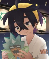 Rule 34 | 1boy, ahoge, artist request, black hair, child, colored inner hair, creatures (company), crossed bangs, eyebrows hidden by hair, game freak, hair between eyes, hair ornament, hairband, hands up, happy, holding, holding mask, japanese clothes, jinbei (clothes), kieran (pokemon), lantern, looking at object, male focus, mask, medium hair, mole, mole on neck, multicolored hair, neck, night, nintendo, official alternate costume, outdoors, paper lantern, pokemon, pokemon sv, purple hair, short sleeves, sidelocks, smile, standing, traditional clothes, two-tone hair, upper body, wide sleeves, yellow eyes, yellow hairband