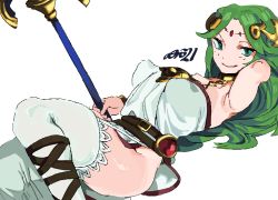 Rule 34 | 1girl, ancient greek clothes, arm up, belt, chiton, circlet, collar, covered erect nipples, green eyes, green hair, grin, highres, kid icarus, kid icarus uprising, knees up, long hair, looking at viewer, lying, nintendo, no panties, on back, palutena, simple background, smile, solo, staff, thighhighs, white background, white thighhighs, whoopsatro