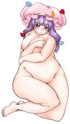 Rule 34 | 1girl, 3:, barefoot, belly, blush, breasts, covering privates, covering breasts, covering crotch, crescent, crescent hair ornament, fat, feet, female focus, frown, full body, hair ornament, hat, highres, hiro (h-net), large breasts, legs, long hair, looking at viewer, lying, mob cap, nipples, nude, on back, patchouli knowledge, plump, purple hair, red eyes, simple background, solo, touhou, wide hips