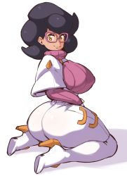 Rule 34 | 1girl, ass, borvar, breasts, creatures (company), game freak, glasses, highres, huge ass, huge breasts, looking at viewer, nintendo, pink-framed eyewear, pokemon, pokemon sm, short hair, sitting, smile, thick thighs, thighs, wariza, wicke (pokemon), wide hips, yellow eyes
