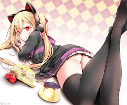 Rule 34 | 1girl, animal ear headphones, animal ears, ass, azur lane, black thighhighs, blonde hair, blush, breasts, cake, candy, cat ear headphones, cherry, concord (azur lane), crossed ankles, fake animal ears, fang, feet, feet up, fine fabric emphasis, food, fruit, hair between eyes, hair ribbon, headphones, hood, hood down, hooded jacket, jacket, long hair, long sleeves, looking back, lying, medium breasts, mole, mole under eye, mouth hold, no shoes, on stomach, oouso, open clothes, open jacket, pleated skirt, pudding, red eyes, red ribbon, ribbon, sidelocks, skirt, solo, star-shaped pupils, star (symbol), symbol-shaped pupils, thighhighs, thighs, toes, twintails, twitter username, v, white skirt