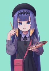 Rule 34 | 1girl, 28 (282teeth), bad id, bad pixiv id, bag, beret, black dress, blue background, blunt bangs, dress, hair ornament, handbag, hat, highres, holding, holding paintbrush, hololive, hololive english, long hair, looking at viewer, mole, mole under eye, ninomae ina&#039;nis, ninomae ina&#039;nis (casual), paintbrush, palette (object), pointy ears, purple eyes, purple hair, simple background, smile, solo, virtual youtuber