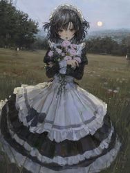 Rule 34 | 1girl, absurdres, apron, black bow, black dress, black eyes, black hair, bow, choker, collared apron, dress, eyelashes, fang, field, flower, frilled apron, frilled dress, frills, grass, highres, holding, holding flower, juliet sleeves, lace, lace-trimmed dress, lace trim, layered dress, long sleeves, maid, maid headdress, moon, open mouth, original, outdoors, pink flower, puffy sleeves, shion (mirudakemann), short hair, sky, solo, standing, tongue, tongue out, tree, two side up