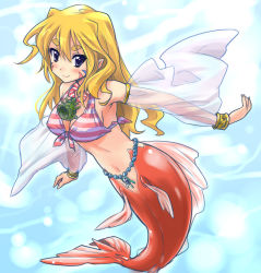 Rule 34 | 1girl, armpits, belt, bikini, bikini top only, black eyes, blonde hair, blue background, bracelet, breasts, cleavage, covered erect nipples, detached sleeves, eyebrows, facial mark, front-tie top, itoji, jewelry, large breasts, long hair, looking at viewer, mermaid, midriff, monster girl, navel, original, pointy ears, seashell, see-through, shell, smile, solo, striped, swimsuit, thick eyebrows