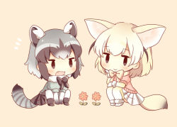 Rule 34 | 10s, 2girls, :&gt;, ^^^, animal ears, arms between legs, bad id, bad pixiv id, beige background, black bow, black bowtie, black eyes, black hair, black skirt, blonde hair, blush, bow, bowtie, chibi, closed mouth, common raccoon (kemono friends), fang, fennec (kemono friends), flower, fox ears, fox tail, from side, full body, grey hair, head rest, jitome, kemono friends, konno (pixiv 23416142), looking at viewer, multiple girls, open mouth, own hands together, pantyhose, pleated skirt, raccoon ears, raccoon tail, revision, simple background, sitting, skirt, tail, v arms, yellow bow, yellow bowtie, yellow legwear