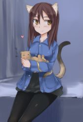 Rule 34 | 1girl, animal, animal ears, aohashi ame, black pantyhose, black shirt, blue jacket, brown eyes, brown hair, cat, cat ears, cat tail, commentary, eleonore giovanna gassion, heart, holding, holding animal, indoors, jacket, long hair, looking at viewer, luminous witches, military, military uniform, no pants, open clothes, open jacket, pantyhose, shirt, sitting, solo, tail, translated, uniform, world witches series