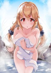 Rule 34 | 1girl, absurdres, bath, bathing, blush, breasts, brown hair, chestnut mouth, collarbone, commentary request, covering privates, hair ornament, hair scrunchie, hairclip, highres, holding, holding towel, kantai collection, komb, large breasts, long hair, looking at viewer, low twintails, nude, nude cover, onsen, parted lips, red eyes, rock, scrunchie, sitting, star (symbol), star hair ornament, steam, tashkent (kancolle), towel, twintails, water, water drop, wet, white towel