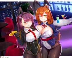 Rule 34 | 2girls, alternate costume, animal ears, artist name, bar (place), black pantyhose, blush, bow, bowtie, breasts, brown hair, brown pantyhose, closed mouth, commentary request, cowboy shot, embarrassed, fake animal ears, girls&#039; frontline, green eyes, hair between eyes, highleg, highleg leotard, holding, holding tray, indoors, large breasts, leotard, long hair, looking at viewer, multiple girls, necktie, night, oboenikui namae, one eye closed, open mouth, pantyhose, playboy bunny, purple hair, rabbit ears, red eyes, red necktie, sidelocks, smile, springfield (girls&#039; frontline), teeth, tray, wa2000 (girls&#039; frontline)