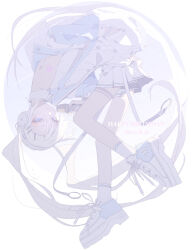 Rule 34 | alternate hair color, alternate hairstyle, blue necktie, full body, hatsune miku, highres, leaning forward, long hair, looking at viewer, midou 0r, necktie, pale skin, shirt, sleeveless, sleeveless shirt, socks, twintails, upside-down, very long hair, vocaloid, white background, white footwear, white hair, white shirt, white socks