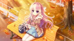 Rule 34 | 1girl, ahoge, autumn, autumn leaves, bench, blonde hair, blue bag, blue eyes, blue skirt, bow, braid, brown coat, coat, dot nose, evening, film grain, from above, fur trim, game cg, grass, hair bow, hair intakes, hand in own hair, hedge, izumi tsubasu, long braid, long hair, looking at viewer, mole, mole under each eye, mole under eye, multiple moles, non-web source, official art, on bench, outdoors, park bench, plaid, plaid scarf, railing, re:stage!, scarf, school uniform, shiratori amaha (re:stage!), single braid, sitting, skirt, smile, solo, sparkle, sunlight, thighhighs, tree, white bow, white thighhighs, wind, zettai ryouiki