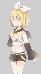 Rule 34 | 1girl, bare shoulders, belt, black collar, blonde hair, blue eyes, bow, collar, commentary, cowboy shot, crop top, detached sleeves, grey background, grey shorts, grey sleeves, hair bow, hair ornament, hairclip, hand on own chest, horrororange918, kagamine rin, light smile, looking at viewer, midriff, navel, neckerchief, sailor collar, school uniform, shirt, short hair, short shorts, shorts, solo, standing, swept bangs, vocaloid, white bow, white shirt, yellow neckerchief