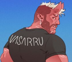 Rule 34 | 1boy, bara, beard, broad shoulders, cal (vasarru), demon boy, demon horns, facial hair, from behind, full beard, horns, inverted cross earrings, looking at viewer, looking back, male focus, mature male, multicolored hair, muscular, muscular male, original, pointy ears, profile, scar, scar on chin, scar on face, shirt, short hair, skin-covered horns, solo, t-shirt, thick eyebrows, tusks, two-tone hair, upper body, vasarru