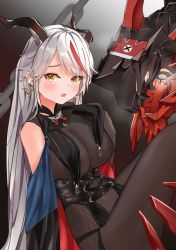 Rule 34 | 1girl, absurdly long hair, aegir (azur lane), azur lane, bare shoulders, black cape, black gloves, bodystocking, breast curtains, breasts, cape, covered erect nipples, cross, cross-laced clothes, cross earrings, demon horns, earrings, elbow gloves, gloves, highres, horns, iron cross, jewelry, large breasts, long hair, multicolored hair, nipples, non-humanoid robot, open mouth, ps rinsu, red hair, robot, robot animal, see-through, sitting, solo, streaked hair, two-tone hair, underbust, very long hair, white hair, yellow eyes