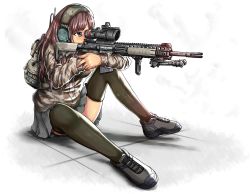Rule 34 | 1girl, aiming, backpack, bag, bipod, brown eyes, brown hair, camouflage, full body, geococcyx, graphite (medium), gun, headset, long hair, m110 sass, m110 semi-automatic sniper system, military operator, mixed media, original, rifle, scope, shoes, simple background, sitting, skirt, sneakers, sniper rifle, solo, thighhighs, third-party edit, traditional media, weapon, white background
