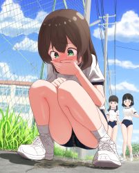 Rule 34 | 3girls, backlighting, blue buruma, blue sky, blush, breath, brown hair, buruma, chain-link fence, clenched hand, cloud, commission, covering own mouth, cross-laced footwear, day, embarrassed, female focus, fence, full body, grass, green eyes, gym uniform, hand up, highres, knees together feet apart, legs, looking down, multiple girls, nose blush, original, outdoors, pee, peeing, peeing self, power lines, puddle, shirt, shoes, short hair, short sleeves, sidelocks, skeb commission, sky, sneakers, socks, solo focus, squatting, tears, urabe miyabi, utility pole, water drop, wet, wet clothes, white footwear, white shirt, white socks, wide-eyed
