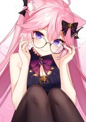 Rule 34 | 1girl, ahoge, animal ear fluff, animal ears, bare arms, bare shoulders, black dress, bow, bowtie, breasts, brown thighhighs, cat ears, chacha rw, cleavage, cleavage cutout, closed mouth, clothing cutout, dress, glasses, gold trim, hair bow, hands up, highres, knees up, long hair, looking at viewer, looking over eyewear, medium breasts, nyatasha nyanners, nyatasha nyanners (6th costume), pink hair, purple eyes, sitting, sleeveless, sleeveless dress, smile, solo, thighhighs, twintails, virtual youtuber, vshojo