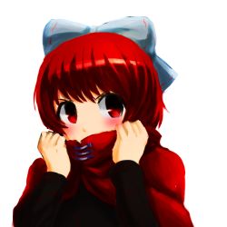 Rule 34 | 1girl, asada ryou, bad id, bad pixiv id, blush, bow, clothes grab, covering own mouth, hair bow, long sleeves, red eyes, red hair, sekibanki, short hair, shy, sideways glance, solo, touhou, upper body, white background