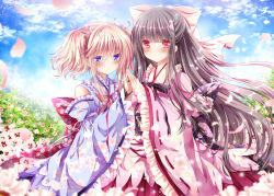 Rule 34 | 2girls, amelie-san (nogi takayoshi), black hair, blonde hair, blue dress, blue eyes, blue sky, blush, bow, day, detached sleeves, dress, flower, frills, frown, hair bow, japanese clothes, kimono, long hair, long sleeves, looking at viewer, mio-chan (nogi takayoshi), multiple girls, nogi takayoshi, original, petals, pink dress, red eyes, sky, twintails