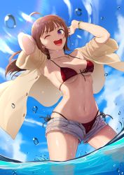 Rule 34 | 1girl, ahoge, bikini, breasts, breasts apart, brown hair, covered erect nipples, cowboy shot, hair down, hands up, highres, idolmaster, idolmaster million live!, idolmaster million live! theater days, kamille (vcx68), long hair, looking at viewer, navel, one eye closed, open clothes, open fly, open mouth, open shirt, outdoors, purple eyes, red bikini, short shorts, shorts, sky, smile, solo, swimsuit, wading, water drop, yokoyama nao