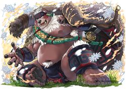 Rule 34 | 1boy, ainu clothes, animal ears, bara, bear boy, bear ears, brown fur, bulge, chest hair, facepaint, furry, furry male, gloves, grass, green eyes, headband, kimun kamui (housamo), large pectorals, legband, looking at viewer, muscular, muscular male, navel, nipples, official art, okusu (oaks16), pectorals, pelt, pelvic curtain, red pupils, scar, scar on face, scar on mouth, short hair, snowflakes, stomach, sword, thick thighs, thighs, tokyo houkago summoners, transparent background, underpec, weapon, white hair